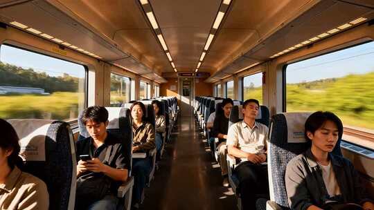 火车车厢内乘客乘坐场景