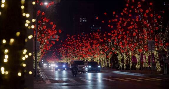 新年过年街道马路航拍 街道挂起红灯笼