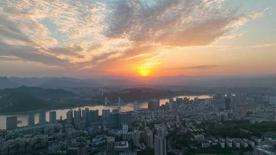 航拍宜昌城市建筑日落