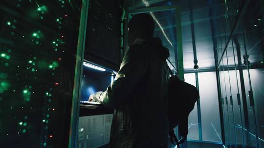 罪犯在服务器室操作计算机