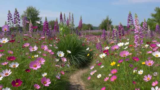 花海中多彩花朵自然风光