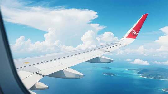 飞机机翼空中飞行俯瞰海面