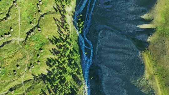 航拍新疆东天山原始森林高山草原风光