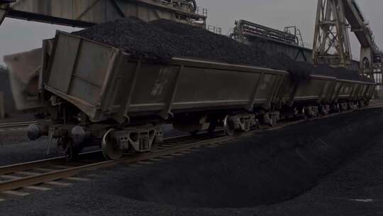 煤矿火车车厢装载煤炭场景
