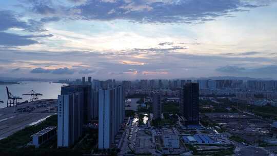 广东汕头城市晚霞城市大景航拍