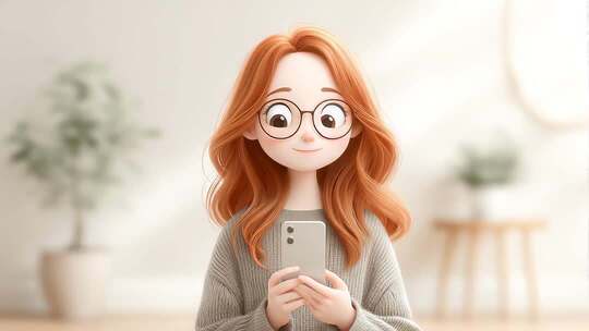 卡通女孩居家使用手机专注互动