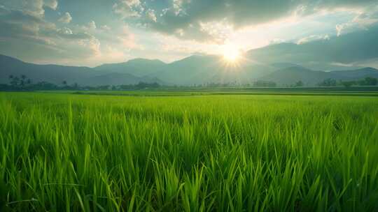 清晨阳光下的绿色稻田视频素材模板下载