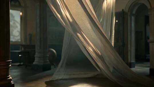 室内飘动的白色纱帘素材