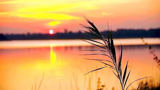 湖畔夕阳下的植物特写