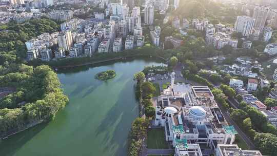 4K航拍福州西湖公园省博物馆夕阳游船拱桥