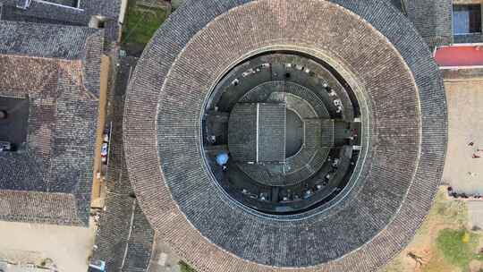 俯拍福建传统村落建筑土楼