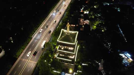 杭州城市夜幕降临夜景交通航拍