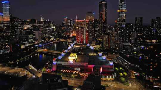 城市航拍澳大利亚墨尔本摩天大楼夜景灯光视频素材模板下载