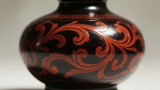 黑红花纹陶瓷花瓶特写
