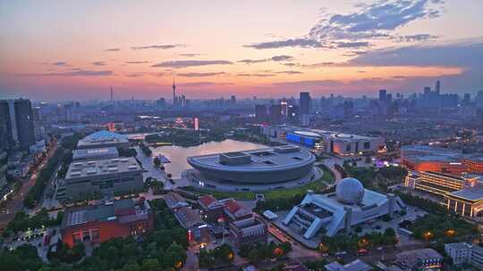 航拍天津文化中心晚霞夜景