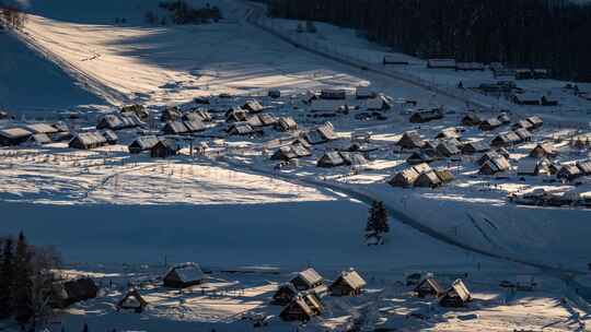 新疆北疆阿勒泰禾木冬季雪景童话世界延时