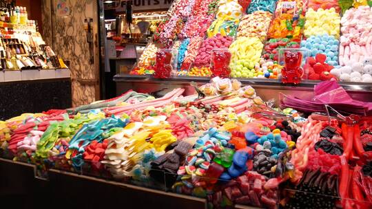 糖果店里的摆放着许多彩色糖果