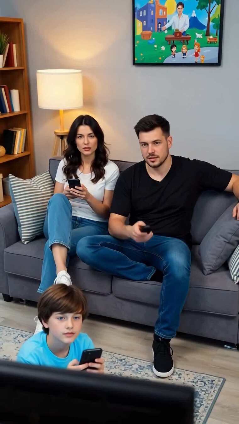 家庭三人沙发上休闲时光