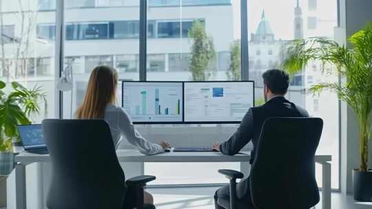 办公室内两人办公看电脑画面