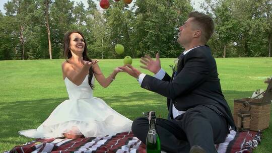 新婚夫妇在野餐视频素材模板下载