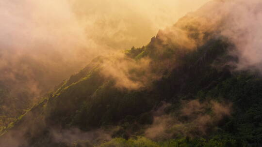 清晨朝阳染红了山间的云雾