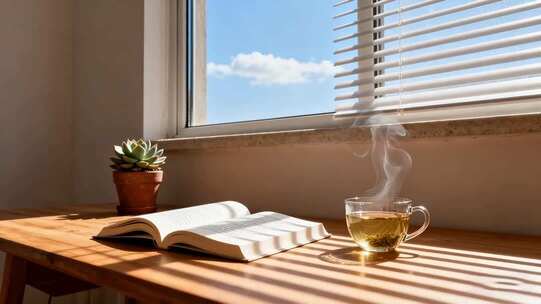 窗边木桌书籍与热茶场景