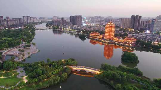 眉山远景楼和东坡城市湿地公园夜景航拍