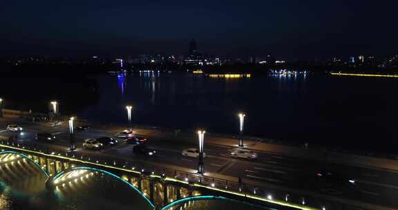 长春南湖大路南湖公园南湖大桥夜景航拍