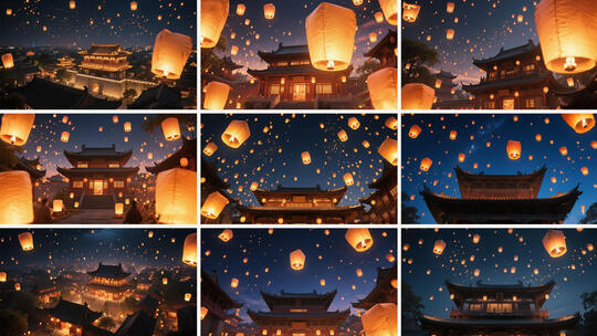 古风建筑夜放孔明灯 孔明灯照亮古寺夜空