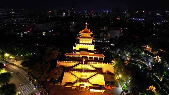 航拍山东济南解放阁夜景