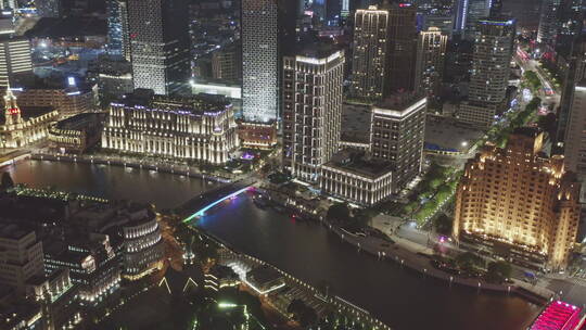 上海浦西苏州河边建筑桥梁夜景