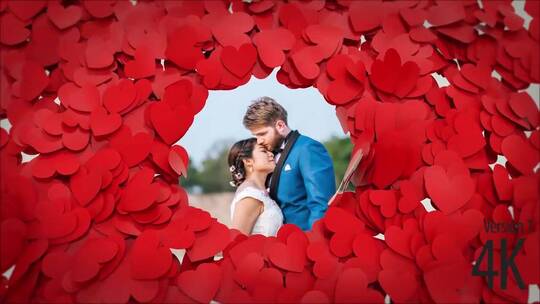 浪漫婚礼心形红色花瓣汇聚展示图片标志AE模板