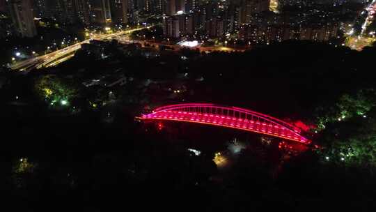 福州夜晚亮灯的城市桥梁俯瞰全景