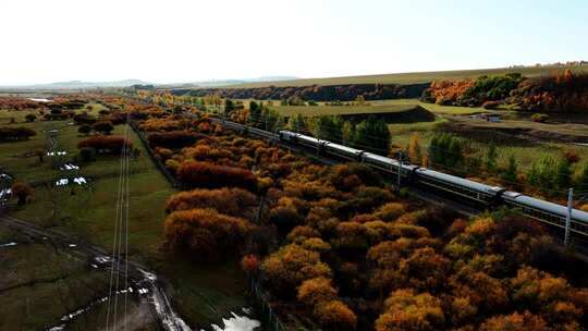 草原上行驶的绿皮火车