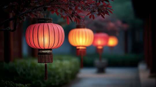唐风灯笼摇曳生辉古色建筑意境深远