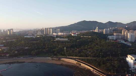 航拍山东烟台海岸线日出沿海风景