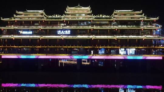 航拍通道侗乡廊桥风雨桥夜景视频素材模板下载