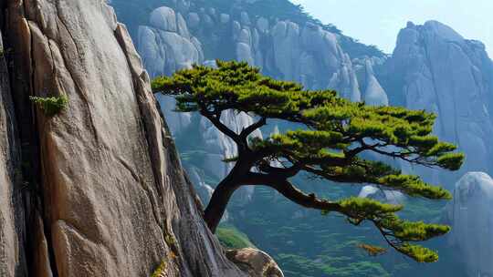 黄山半山腰上的迎客松树山峰自然风景