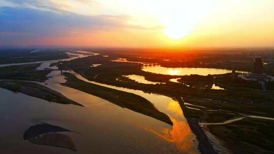 黄河落日-夕阳河面-黄河文明航拍