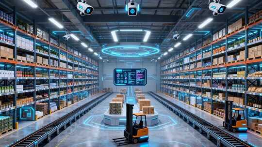 智能仓库叉车作业全景