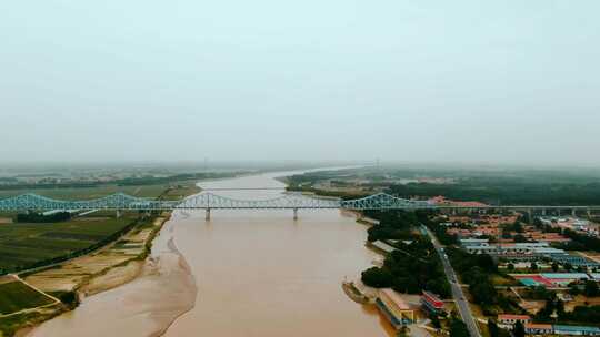 黄河  跨黄河铁路  跨黄河浮桥黄河两岸航拍