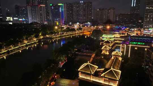 四川成都市安顺廊桥锦江夜景风光城市航拍