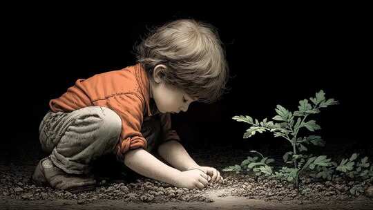 幼苗在孩子呵护下茁壮成长