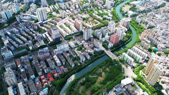 海南海口蓝天白云下的城市城市肌理风光航拍