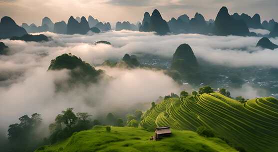 桂林山水合集山峰云海群山云雾缭绕自然风景