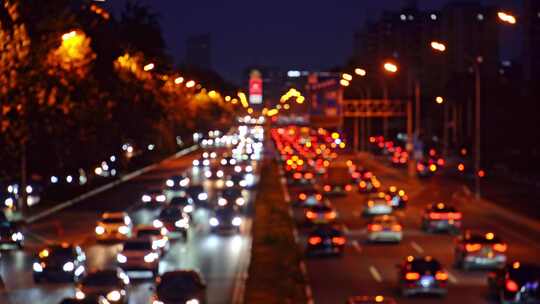 中国北京夜晚城市道路虚化光斑汽车交通景观视频素材模板下载