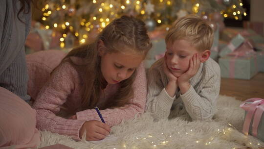 圣诞树旁边写信的兄妹