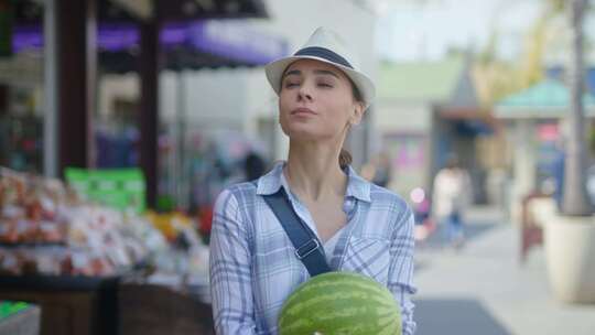 一个拿着西瓜走过水果市场的女人