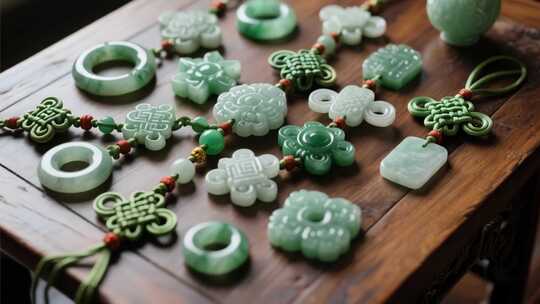 木桌上的翡翠玉石饰品