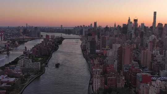 航拍纽约曼哈顿上东区哈德逊河摩天大楼日出